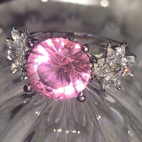 silver ring pink stone & cz flowers - Picture 7 of 10